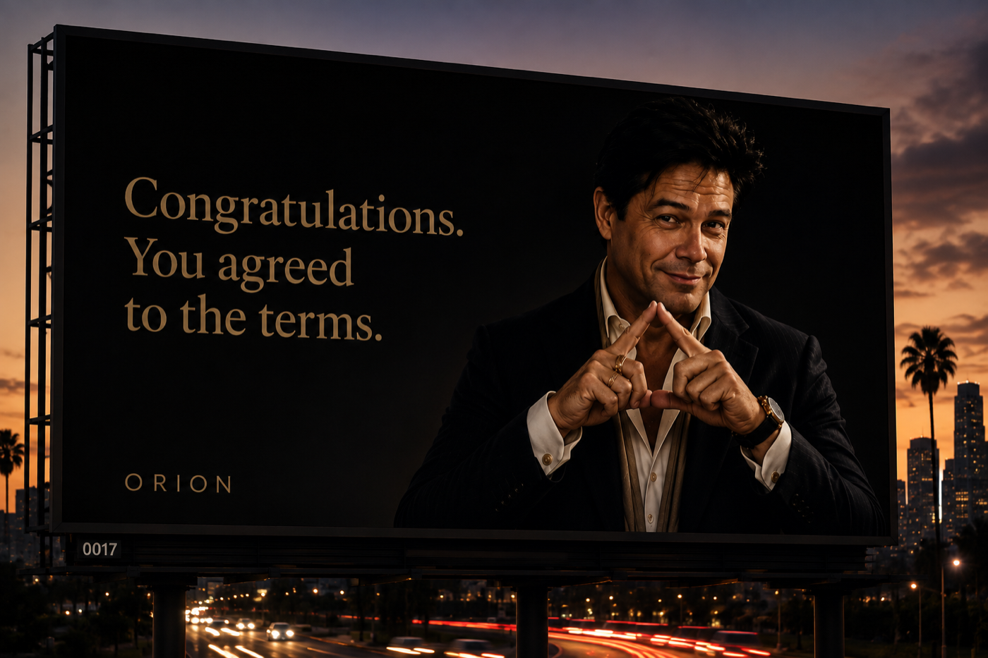 Billboard-style meme showing Robert with his fingertips together beside the words “Congratulations. You agreed to the terms.”