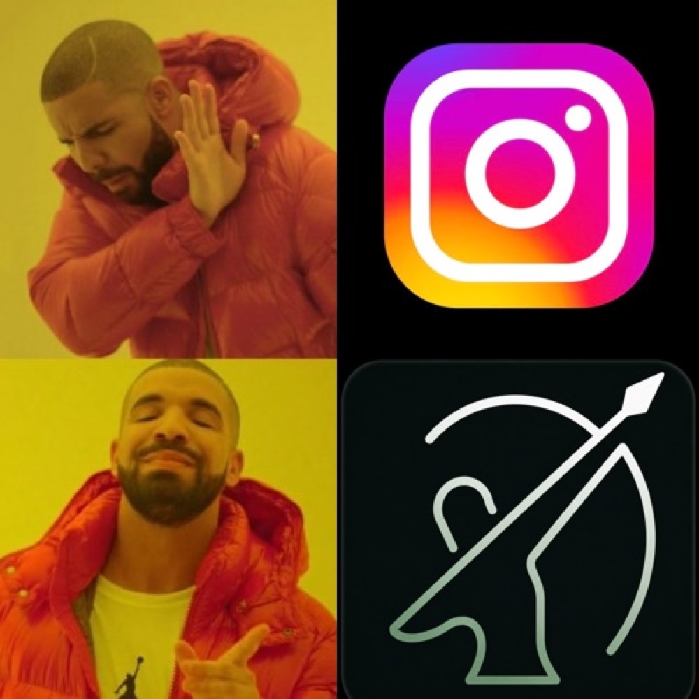 Drake rejecting the Instagram logo and approving the Orion bow-and-arrow logo.